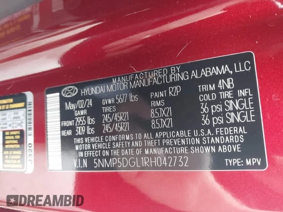 ✅ 2024 Hyundai Santa Fe Calligraphy • VIN: 5NMP5DGL1RH042732 • Lot: 42198918. Listed on IAAI with 2,580 mi. Free auction sales archive from the USA and detailed vehicle history report at DreamBid. Image 9.