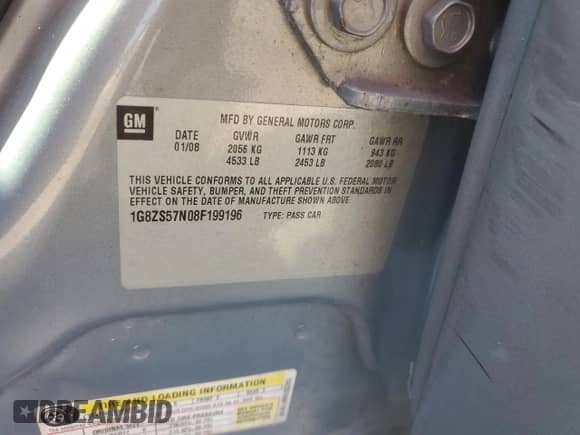 2008 Saturn Aura XE with VIN 1G8ZS57N08F199196, listed as a Copart auction lot 90277365 with 127,612 mi miles and Salvage title. Bid and sale history available at DreamBid. Image 12.