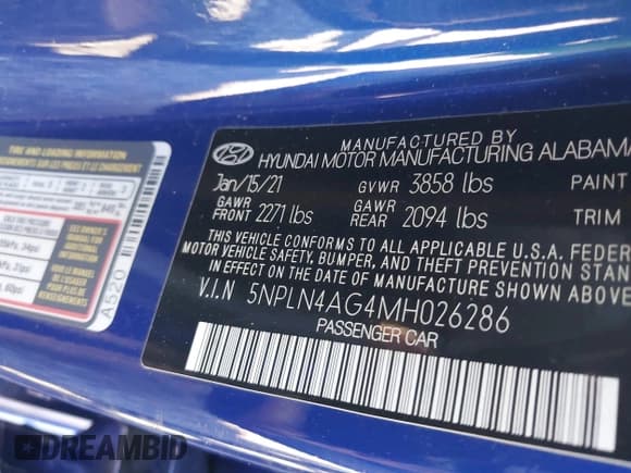 ✅ 2021 Hyundai Elantra SEL • VIN: 5NPLN4AG4MH026286 • Lot: 43482668. Listed on IAAI with 128,375 mi. Free auction sales archive from the USA and detailed vehicle history report at DreamBid. Image 9.