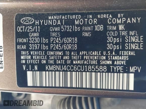 2012 Hyundai Veracruz Limited с VIN KM8NU4CC6CU185588, выставлен на аукционе IAAI как лот 41455986 с пробегом 175 675 миль миль и . История ставок и продаж доступна на DreamBid. Изображение 9.