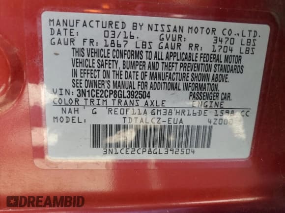 ✅ 2016 Nissan Note SV • VIN: 3N1CE2CP8GL392504 • Lot: 84183675. Listed on Copart with 60,214 mi. Free auction sales archive from the USA and detailed vehicle history report at DreamBid. Image 12.