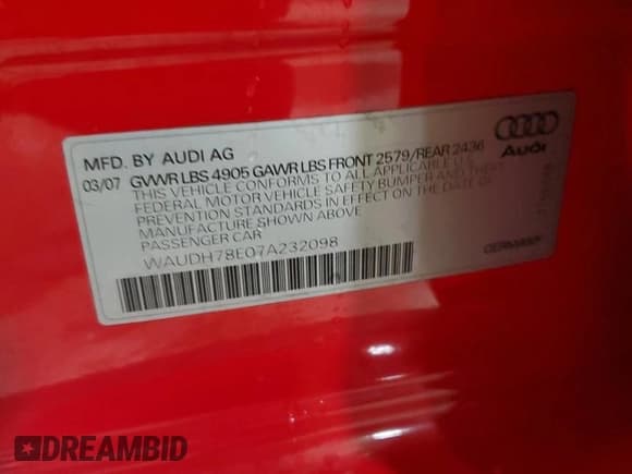 ✅ 2007 Audi A4 3.2L • VIN: WAUDH78E07A232098 • Lot: 52422265. Listed on Copart with 72,666 mi. Free auction sales archive from the USA and detailed vehicle history report at DreamBid. Image 12.