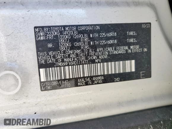 ✅ 2024 Toyota RAV4 Hybrid XLE Premium • VIN: JTMB6RFV6RD117473 • Lot: 91904415. Listed on Copart with 26,374 mi. Free auction sales archive from the USA and detailed vehicle history report at DreamBid. Image 13.