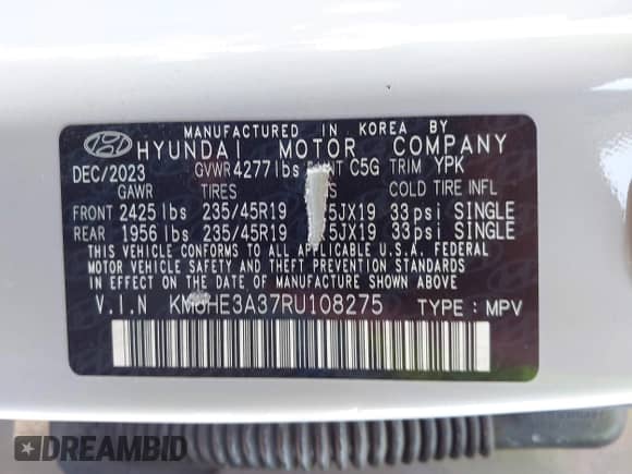 2024 Hyundai Kona Limited with VIN KM8HE3A37RU108275, listed as a IAAI auction lot 43246404 with 38,245 mi miles and . Bid and sale history available at DreamBid. Image 9.