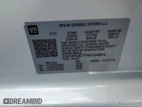 2022 Chevrolet Silverado 3500HD LTZ с VIN 1GC4YUE77NF104951, выставлен на аукционе Copart как лот 85613244 с пробегом 96 119 миль миль и Списание • Salvage title. История ставок и продаж доступна на DreamBid. Изображение 12.