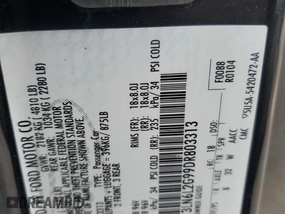 ✅ 2013 Lincoln MKZ • VIN: 3LN6L2G99DR803313 • Lot: 57854265. Wystawiony na Copart z przebiegiem 187 994 mil. Bezpłatny archiwum sprzedaży aukcyjnych z USA i szczegółowy raport historii pojazdu na DreamBid. Zdjęcie 12.