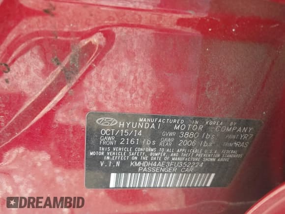 ✅ 2015 Hyundai Elantra Limited • VIN: KMHDH4AE3FU352224 • Lot: 43600437. Listed on IAAI with 122,219 mi. Free auction sales archive from the USA and detailed vehicle history report at DreamBid. Image 9.