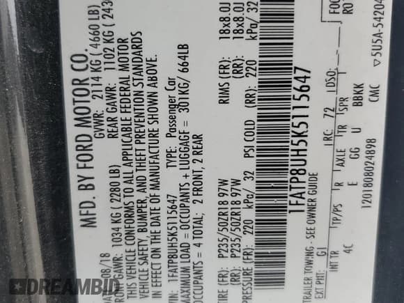 ✅ 2019 Ford Mustang EcoBoost Premium • VIN: 1FATP8UH5K5115647 • Лот: 87118525. Опубликован ранее на Copart с пробегом 56 306 миль. Бесплатный доступ к архиву аукционных продаж из США и подробный отчёт об истории автомобиля на DreamBid. Изображение 12.