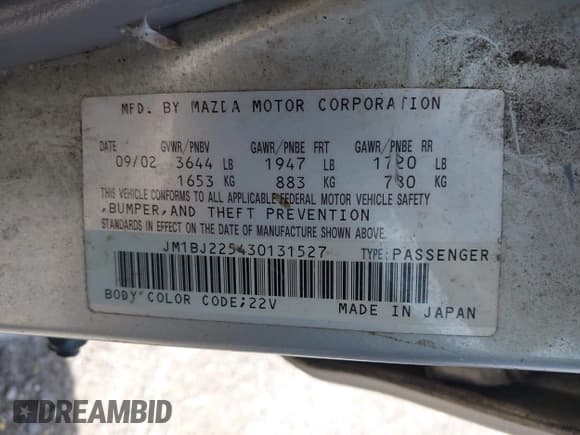 ✅ 2003 Mazda Protege DX • VIN: JM1BJ225430131527 • Лот: 42144261. Опубликован ранее на IAAI с пробегом 215 988 миль. Бесплатный доступ к архиву аукционных продаж из США и подробный отчёт об истории автомобиля на DreamBid. Изображение 9.