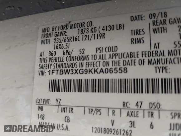 ✅ 2019 Ford Transit • VIN: 1FTBW3XG9KKA06558 • Лот: 43307440. Опубликован ранее на IAAI с пробегом 141 188 миль. Бесплатный доступ к архиву аукционных продаж из США и подробный отчёт об истории автомобиля на DreamBid. Изображение 9.