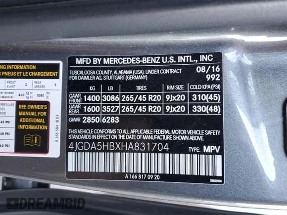 ✅ 2017 Mercedes-Benz GLE 350 • VIN: 4JGDA5HBXHA831704 • Lot: 92461805. Listed on Copart with 168,241 mi. Free auction sales archive from the USA and detailed vehicle history report at DreamBid. Image 13.