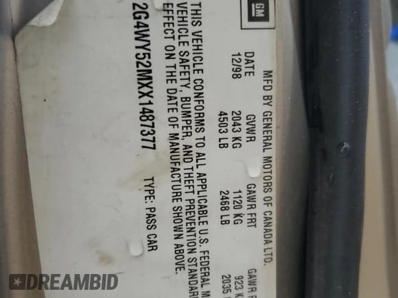 ✅ 1999 Buick Century Limited • VIN: 2G4WY52MXX1487377 • Lot: 67198395. Listed on Copart with Not provided. Free auction sales archive from the USA and detailed vehicle history report at DreamBid. Image 13.