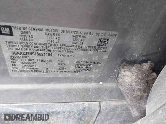 2018 Chevrolet Equinox LT with VIN 3GNAXJEV9JS621104, listed as a IAAI auction lot 43349961 with 166,363 mi miles and . Bid and sale history available at DreamBid. Image 9.