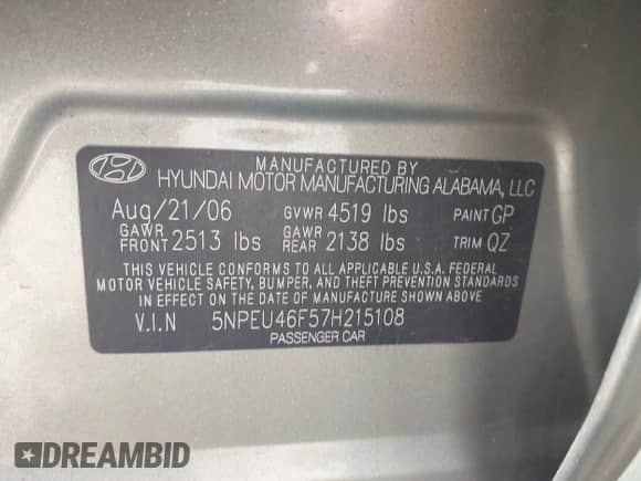 2007 Hyundai Sonata SE z VIN 5NPEU46F57H215108, wystawiony jako IAAI lot #43531663 z przebiegiem 99 033 mil mil oraz . Historia ofert i sprzedaży dostępna na DreamBid. Obrazek 9.