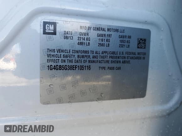 ✅ 2014 Buick LaCrosse Leather • VIN: 1G4GB5G38EF105116 • Lot: 86548215. Wystawiony na Copart z przebiegiem 170 616 mil. Bezpłatny archiwum sprzedaży aukcyjnych z USA i szczegółowy raport historii pojazdu na DreamBid. Zdjęcie 12.