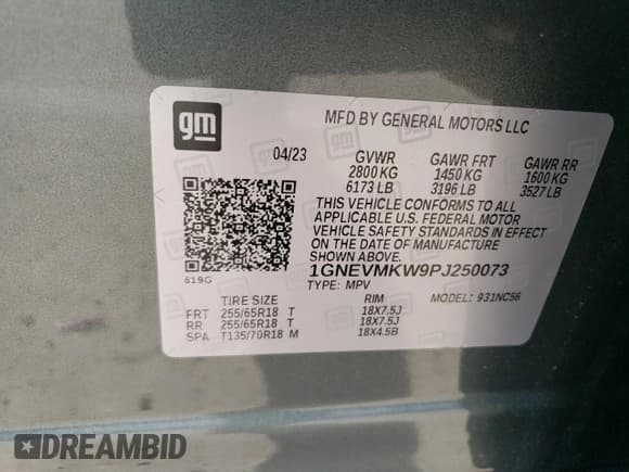 ✅ 2023 Chevrolet Traverse LT Cloth • VIN: 1GNEVMKW9PJ250073 • Lot: 54250495. Listed on Copart with 10,892 mi. Free auction sales archive from the USA and detailed vehicle history report at DreamBid. Image 13.