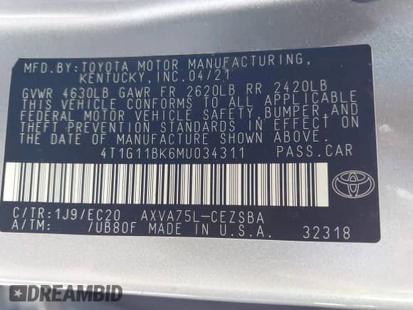 2021 Toyota Camry SE с VIN 4T1G11BK6MU034311, выставлен на аукционе IAAI как лот 43318534 с пробегом 66 643 миль миль и . История ставок и продаж доступна на DreamBid. Изображение 9.