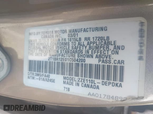 ✅ 2001 Toyota Corolla LE • VIN: 2T1BR12E01C504200 • Lot: 43616893. Listed on IAAI with 79,975 mi. Free auction sales archive from the USA and detailed vehicle history report at DreamBid. Image 9.