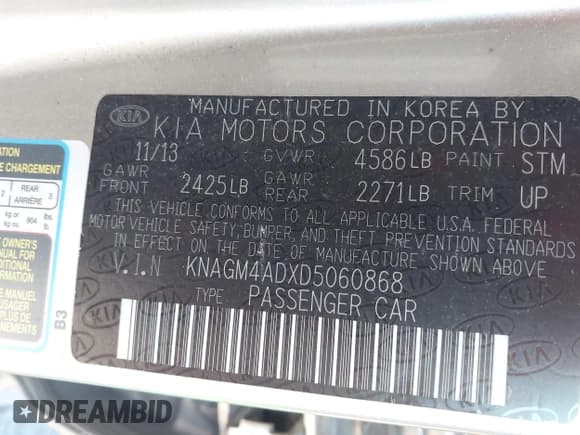 ✅ 2013 Kia Optima EX • VIN: KNAGM4ADXD5060868 • Lot: 43850938. Listed on IAAI with Not provided. Free auction sales archive from the USA and detailed vehicle history report at DreamBid. Image 9.