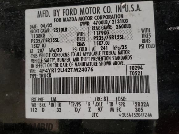 ✅ 2002 Mazda B-Series DS • VIN: 4F4YR12U42TM24076 • Lot: 43999065. Listed on Copart with 153,375 mi. Free auction sales archive from the USA and detailed vehicle history report at DreamBid. Image 12.