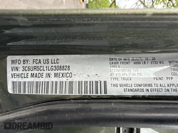 ✅ 2020 Ram 2500 Tradesman • VIN: 3C6UR5CL1LG308828 • Lot: 64524495. Wystawiony na Copart z przebiegiem 86 719 mil. Bezpłatny archiwum sprzedaży aukcyjnych z USA i szczegółowy raport historii pojazdu na DreamBid. Zdjęcie 10.