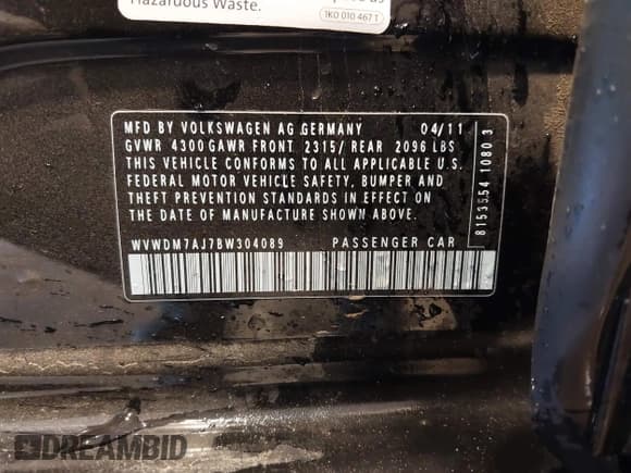 ✅ 2011 Volkswagen Golf TDI • VIN: WVWDM7AJ7BW304089 • Лот: 43581960. Опубликован ранее на IAAI с пробегом 133 229 миль. Бесплатный доступ к архиву аукционных продаж из США и подробный отчёт об истории автомобиля на DreamBid. Изображение 9.