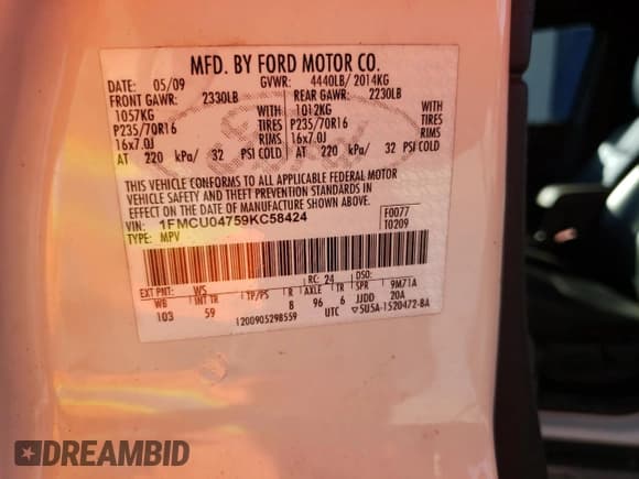 ✅ 2009 Ford Escape Limited • VIN: 1FMCU04759KC58424 • Лот: 90790755. Опубликован ранее на Copart с пробегом 136 198 миль. Бесплатный доступ к архиву аукционных продаж из США и подробный отчёт об истории автомобиля на DreamBid. Изображение 13.