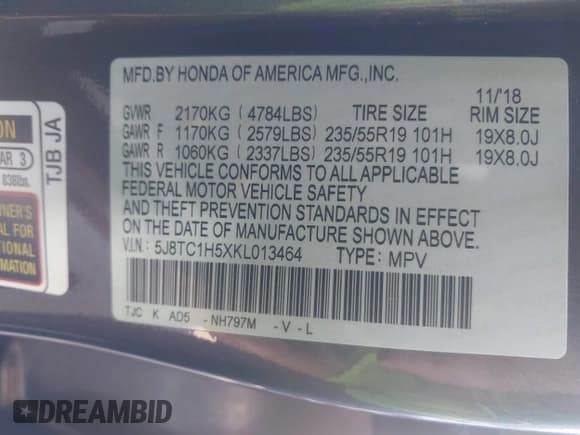 ✅ 2019 Acura RDX Technology • VIN: 5J8TC1H5XKL013464 • Lot: 43367990. Listed on IAAI with 47,233 mi. Free auction sales archive from the USA and detailed vehicle history report at DreamBid. Image 9.