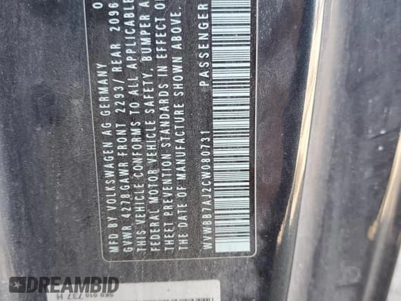 ✅ 2012 Volkswagen Golf • VIN: WVWBB7AJ2CW080731 • Lot: 85185095. Listed on Copart with 200,164 mi. Free auction sales archive from the USA and detailed vehicle history report at DreamBid. Image 12.