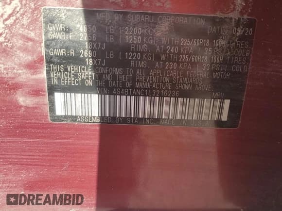 ✅ 2020 Subaru Outback Limited • VIN: 4S4BTANC1L3216236 • Lot: 82008605. Listed on Copart with Not provided. Free auction sales archive from the USA and detailed vehicle history report at DreamBid. Image 14.