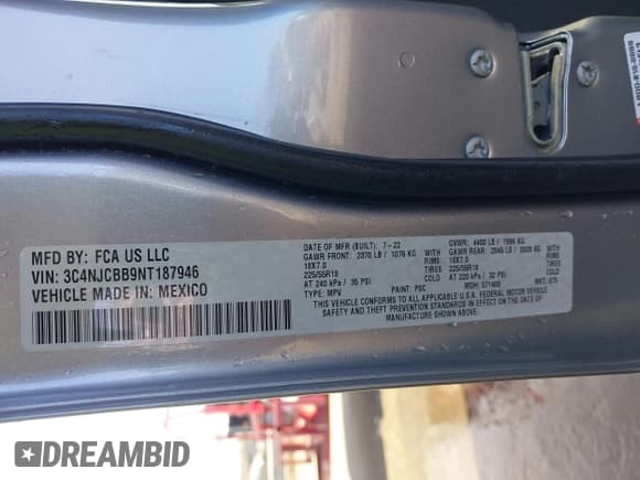 ✅ 2022 Jeep Compass Latitude • VIN: 3C4NJCBB9NT187946 • Lot: 41675926. Listed on IAAI with 25,506 mi. Free auction sales archive from the USA and detailed vehicle history report at DreamBid. Image 9.