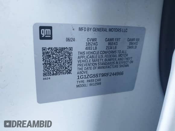 2024 Chevrolet Malibu RS with VIN 1G1ZG5ST9RF244966, listed as a IAAI auction lot 43311844 with 34,958 mi miles and . Bid and sale history available at DreamBid. Image 9.