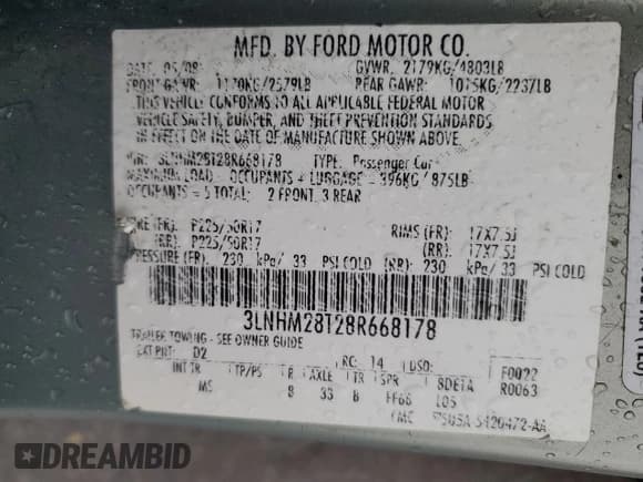 ✅ 2008 Lincoln MKZ • VIN: 3LNHM28T28R668178 • Lot: 56861405. Listed on Copart with 125,150 mi. Free auction sales archive from the USA and detailed vehicle history report at DreamBid. Image 12.