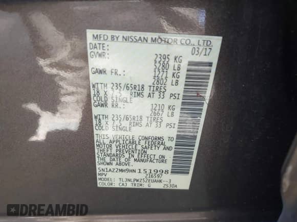 2017 Nissan Murano Platinum with VIN 5N1AZ2MH9HN151998, listed as a IAAI auction lot 43096837 with 174,513 mi miles and . Bid and sale history available at DreamBid. Image 9.