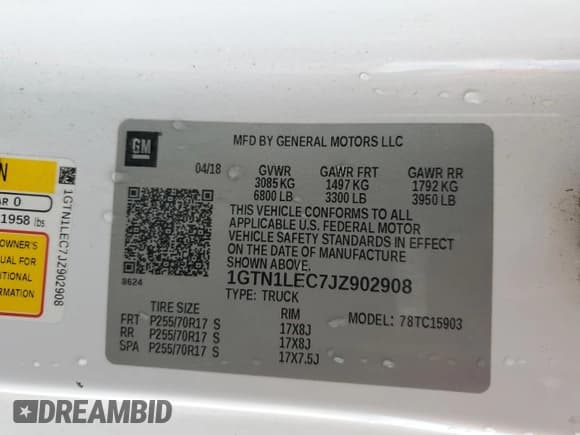 ✅ 2018 GMC Sierra 1500 • VIN: 1GTN1LEC7JZ902908 • Lot: 85299715. Listed on Copart with 185,310 mi. Free auction sales archive from the USA and detailed vehicle history report at DreamBid. Image 12.