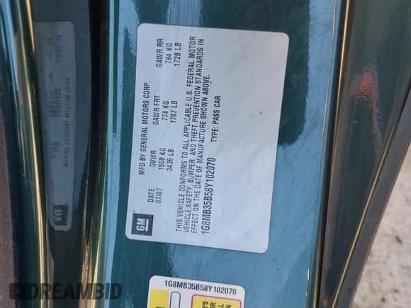 ✅ 2008 Saturn Sky • VIN: 1G8MB35B58Y102070 • Lot: 90819695. Listed on Copart with Not provided. Free auction sales archive from the USA and detailed vehicle history report at DreamBid. Image 12.