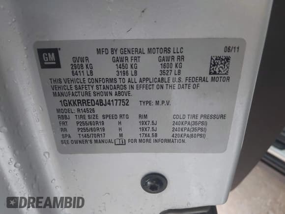 ✅ 2011 GMC Acadia SLT1 • VIN: 1GKKRRED4BJ417752 • Lot: 43782423. Listed on IAAI with 256,394 mi. Free auction sales archive from the USA and detailed vehicle history report at DreamBid. Image 9.