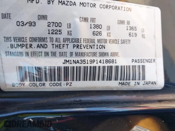 ✅ 1993 Mazda MX-5 Miata • VIN: JM1NA3519P1418681 • Lot: 41741615. Wystawiony na IAAI z przebiegiem 115 379 mil. Bezpłatny archiwum sprzedaży aukcyjnych z USA i szczegółowy raport historii pojazdu na DreamBid. Zdjęcie 9.