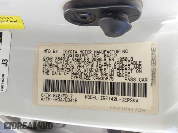 ✅ 2012 Toyota Corolla L • VIN: 5YFBU4EE1CP035875 • Lot: 42926064. Listed on IAAI with 85,144 mi. Free auction sales archive from the USA and detailed vehicle history report at DreamBid. Image 9.