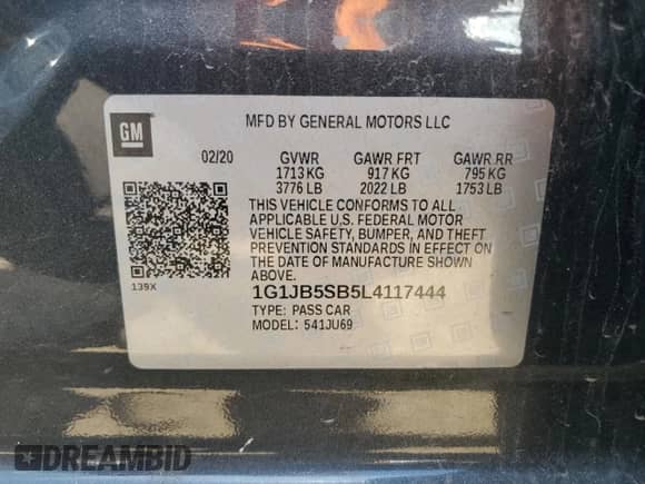 2020 Chevrolet Sonic LS с VIN 1G1JB5SB5L4117444, выставлен на аукционе Copart как лот 65004585 с пробегом 111 414 миль миль и Списание • Salvage title. История ставок и продаж доступна на DreamBid. Изображение 13.