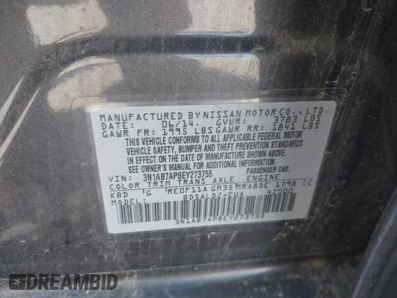 ✅ 2014 Nissan Sentra FE+ S • VIN: 3N1AB7AP8EY273755 • Lot: 42516339. Listed on IAAI with 118,119 mi. Free auction sales archive from the USA and detailed vehicle history report at DreamBid. Image 9.