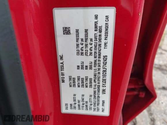 ✅ 2020 Tesla Model 3 Performance • VIN: 5YJ3E1EC9LF742426 • Lot: 43040084. Listed on IAAI with 123,774 mi. Free auction sales archive from the USA and detailed vehicle history report at DreamBid. Image 9.