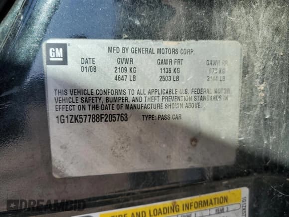 ✅ 2008 Chevrolet Malibu LTZ • VIN: 1G1ZK57788F205763 • Lot: 85633534. Listed on Copart with 90,704 mi. Free auction sales archive from the USA and detailed vehicle history report at DreamBid. Image 12.