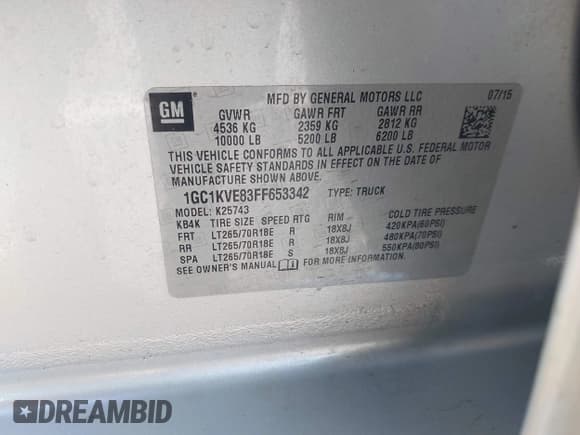 ✅ 2015 Chevrolet Silverado 2500HD LT • VIN: 1GC1KVE83FF653342 • Lot: 41970275. Listed on IAAI with 130,535 mi. Free auction sales archive from the USA and detailed vehicle history report at DreamBid. Image 9.