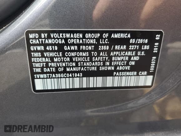 ✅ 2016 Volkswagen Passat SE • VIN: 1VWBT7A35GC041943 • Lot: 82146685. Listed on Copart with 101,246 mi. Free auction sales archive from the USA and detailed vehicle history report at DreamBid. Image 12.