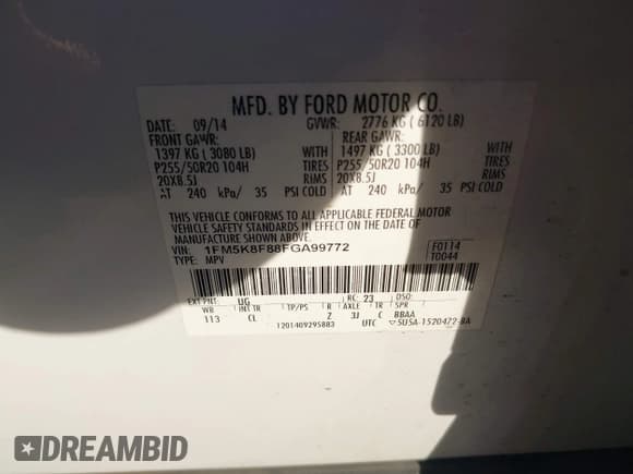 ✅ 2015 Ford Explorer Limited • VIN: 1FM5K8F88FGA99772 • Лот: 43638526. Опубликован ранее на IAAI с пробегом 229 871 миль. Бесплатный доступ к архиву аукционных продаж из США и подробный отчёт об истории автомобиля на DreamBid. Изображение 9.