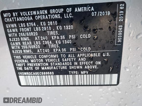 ✅ 2019 Volkswagen Atlas SE • VIN: 1V2WR2CA5KC589563 • Lot: 42766671. Listed on IAAI with 73,712 mi. Free auction sales archive from the USA and detailed vehicle history report at DreamBid. Image 9.