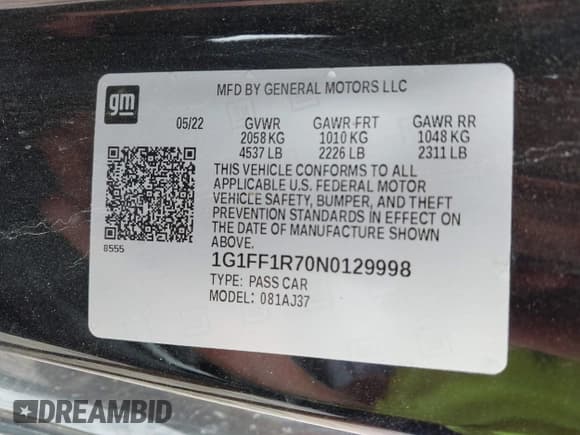 ✅ 2022 Chevrolet Camaro LT1 • VIN: 1G1FF1R70N0129998 • Lot: 42541190. Wystawiony na IAAI z przebiegiem 51 954 mil. Bezpłatny archiwum sprzedaży aukcyjnych z USA i szczegółowy raport historii pojazdu na DreamBid. Zdjęcie 9.