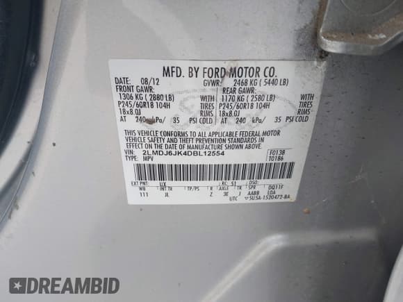 ✅ 2013 Lincoln MKX • VIN: 2LMDJ6JK4DBL12554 • Lot: 43685351. Listed on IAAI with 198,843 mi. Free auction sales archive from the USA and detailed vehicle history report at DreamBid. Image 9.