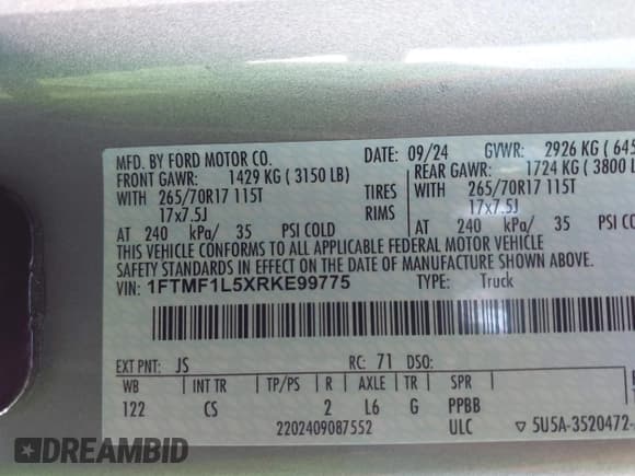 ✅ 2024 Ford F-150 XL • VIN: 1FTMF1L5XRKE99775 • Lot: 43570040. Wystawiony na IAAI z przebiegiem 7 288 mil. Bezpłatny archiwum sprzedaży aukcyjnych z USA i szczegółowy raport historii pojazdu na DreamBid. Zdjęcie 9.